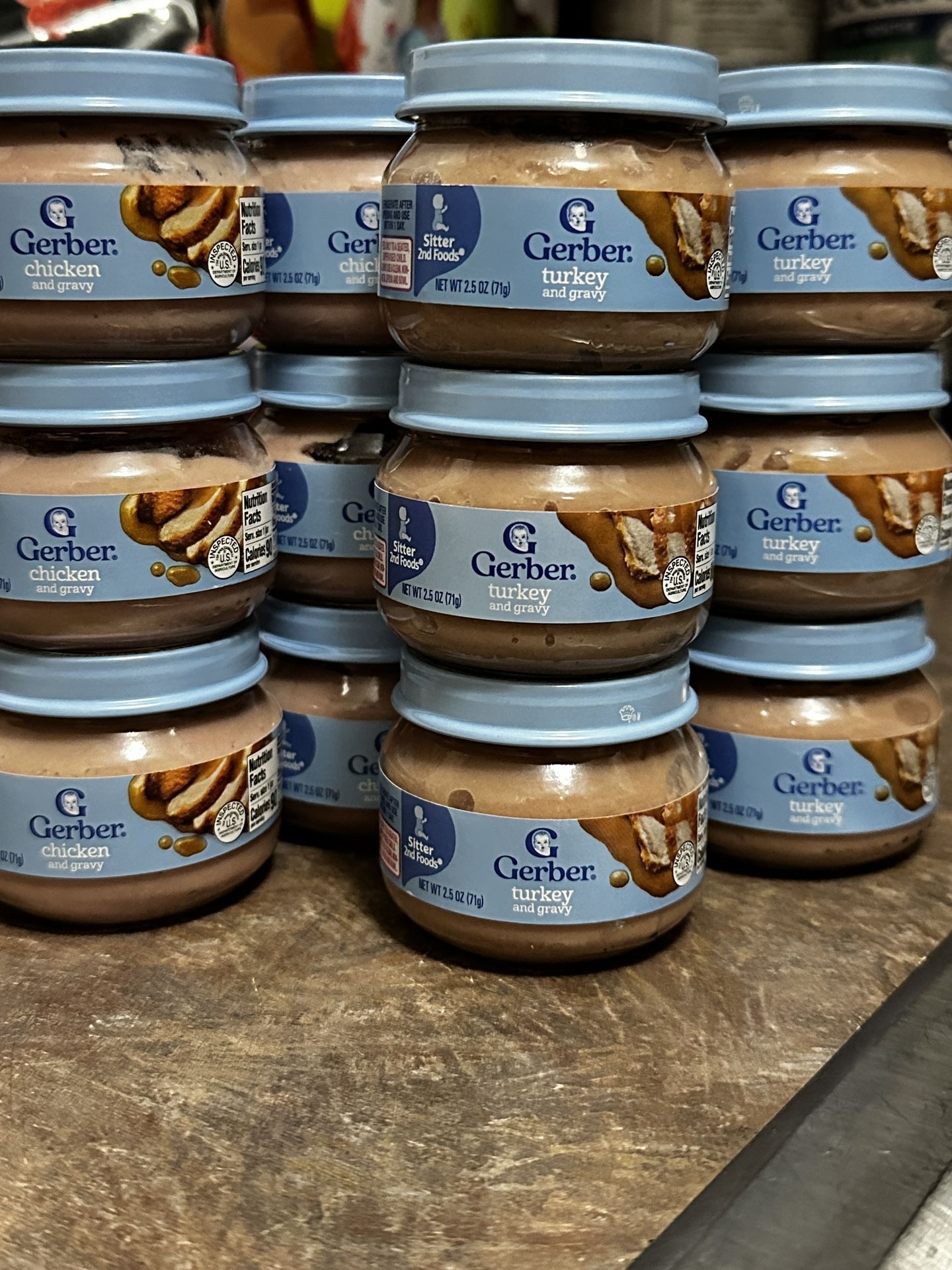 GERBER SITTER 2nd FOODS 2.5 oz BABY FOOD in TURKEY AND GRAVY and CHICKEN AND GRAVY