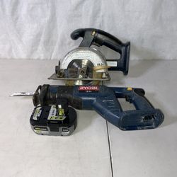 Ryobi 18V Cordless Reciprocating Saw And 5 1/2” Circular Saw With Ryobi One 18V Lithium 6ah Battery. Tested And Working (no Charger)