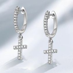 925 Sterling Silver Religious Stunning Cross White Sapphires Backing English Lock Earrings 