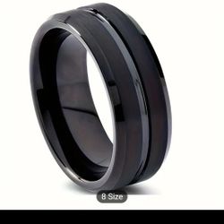 8mm Mens Carbon Steel Black Grooved Matte Ring 