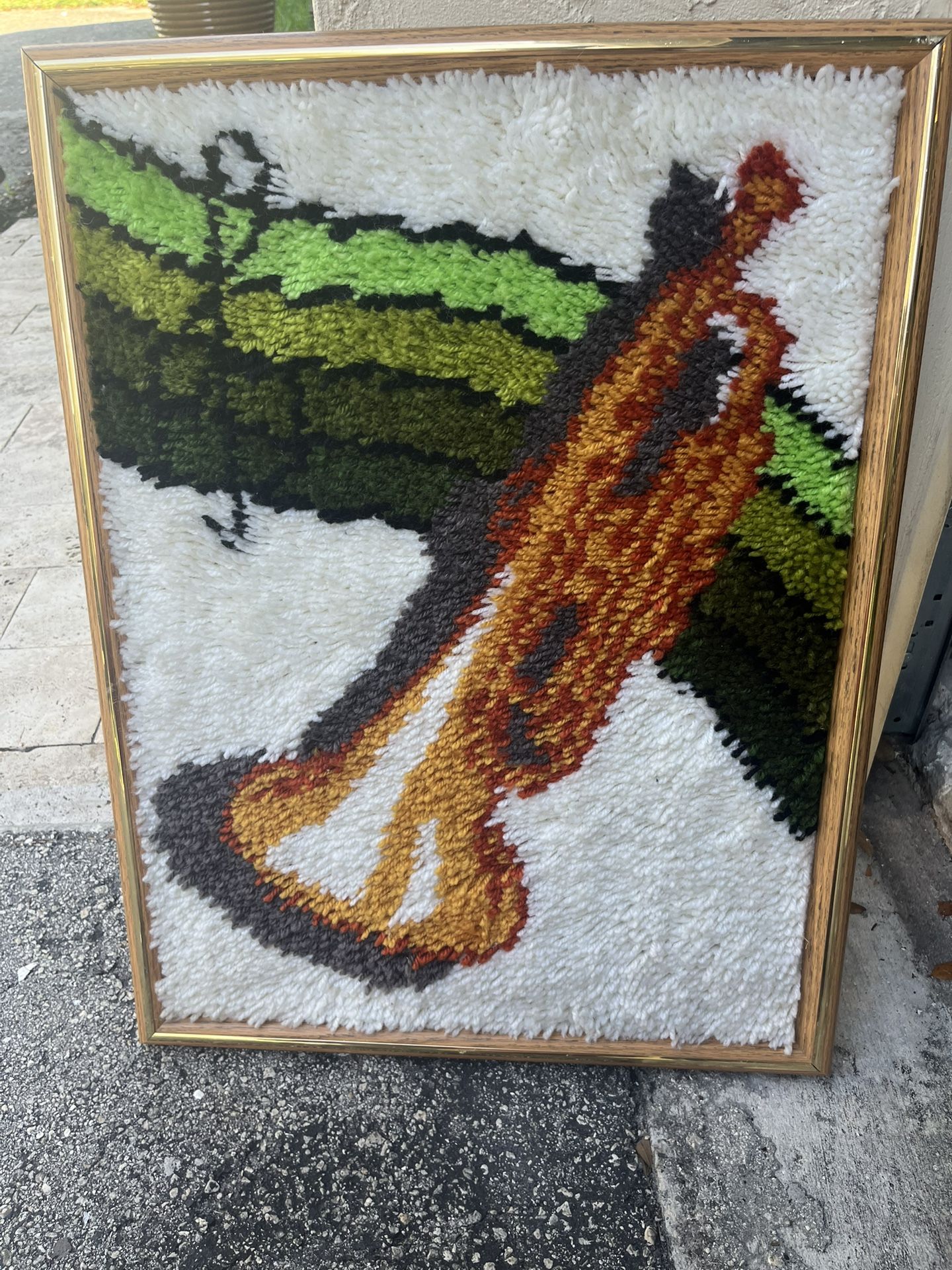 Framed Vintage Latch Hook Textile Art – Mid Century Modern Wall Hanging
