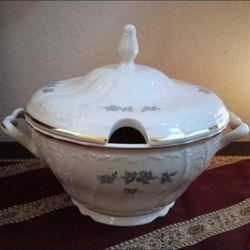 BERNADOTTE Czech Porcelain Soup Tureen with Lid White Relief Pattern With Blue Flowers & Gilding
