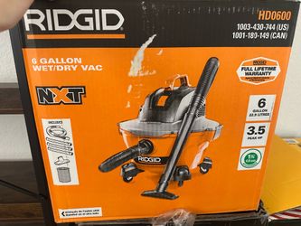 RIDGID NXT 6-gallon wet/dry vacuum with a 3.5 peak horsepower motor.