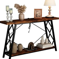 SOOWERY Console Table with Charging Station, 55'' Narrow Long Sofa Table Entryway Table with Storage, Behind Sofa Consoles Table for Entryway Living R