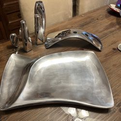 Nambe Silver Platter With Candle Holders And Salt/Pepper Shakers