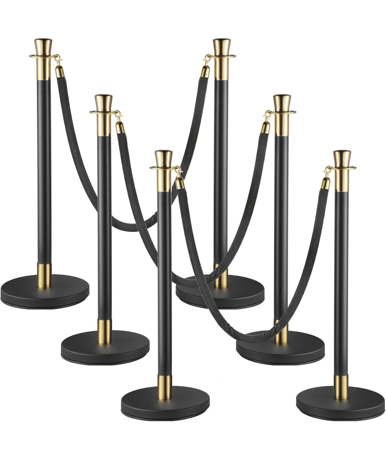6 Piece Brand New Line Poles, Crowd Control Stanchion, Velvet Ropes and Posts, Black/Gold, Black Velvet Rope,