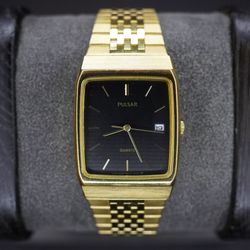 Pulsar Quartz Men's Rectangular Watch Black Dial Date Gold Tone SS Bracelet