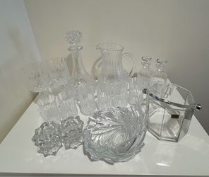 vintage Cristal D'Arques-Durand Longchamp clear crystal decanter and matching pitcher featuring a diamond-cut patter