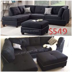 New black studded sofa sectional with ottoman