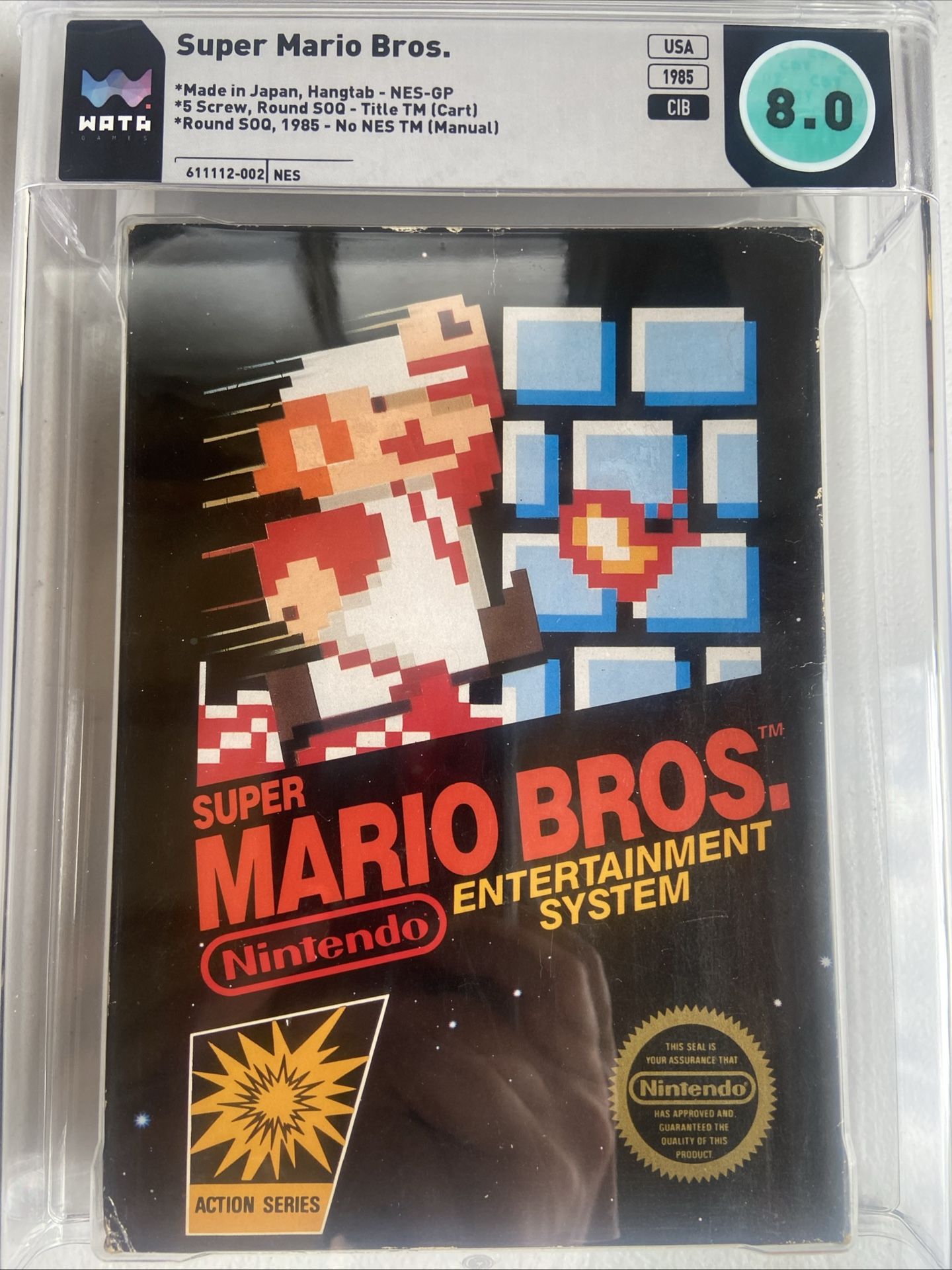 NES Super Mario Bros 1 CIB Complete Black Box WATA 8.0 Early Hangtab