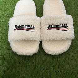 Men’s White Balenciaga Fur Slides