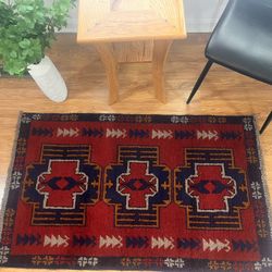 Vintage Handknotted Wool Tribal Rug - Red Navy Geometric