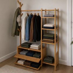 New In Box 41x12x63 Inch Tall Garment Bamboo Shelf Rack Clothing Coat Stand With 2 Shelf Cabinet Shoe Rack