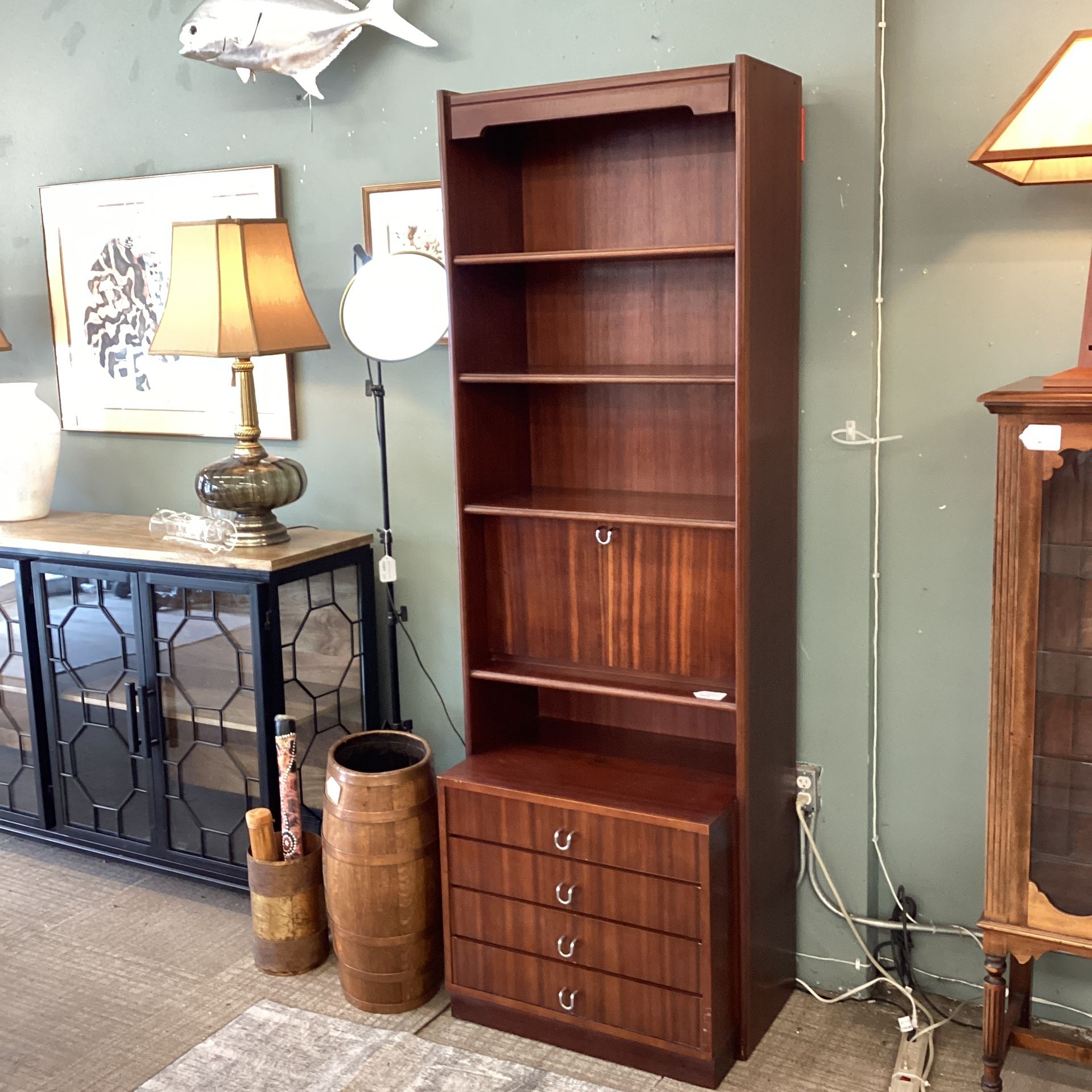Dark Wood Bookcase w/Dropfront & Drawers