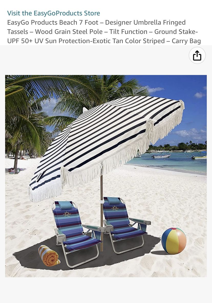 7’ Beach Umbrella Fringed tassels Wood Grain Steel Pole