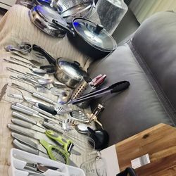 Pots, pans, cutting knives, cutlery and other kitchen essentials.