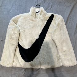 Nike Sportswear New Faux Fur Jacket Fossil White Black Womens Size S 