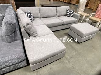Reversible New Plush Sectional Sofa, Fabric Couch, Grey Sofa, Gray Couch, Sectional with built-in Shelves armrest, Sectional and Ottoman, Storage Otto