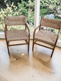 Pair Vintage Woven Rush Wood Armchairs – Organic Modern-#1161