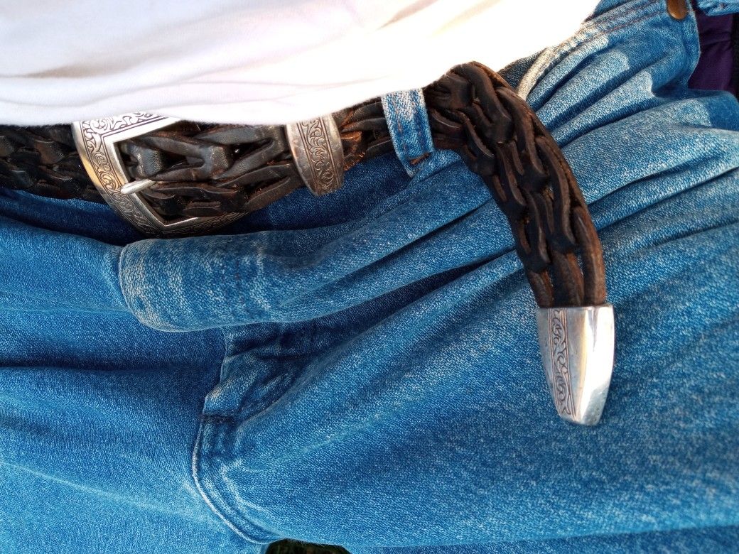 Silver Belt Buckle and Leather Belt. It's A Beautiful Antique Silver Classic.