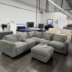 Brand New Grey Corduroy Sectional Sofa Couch