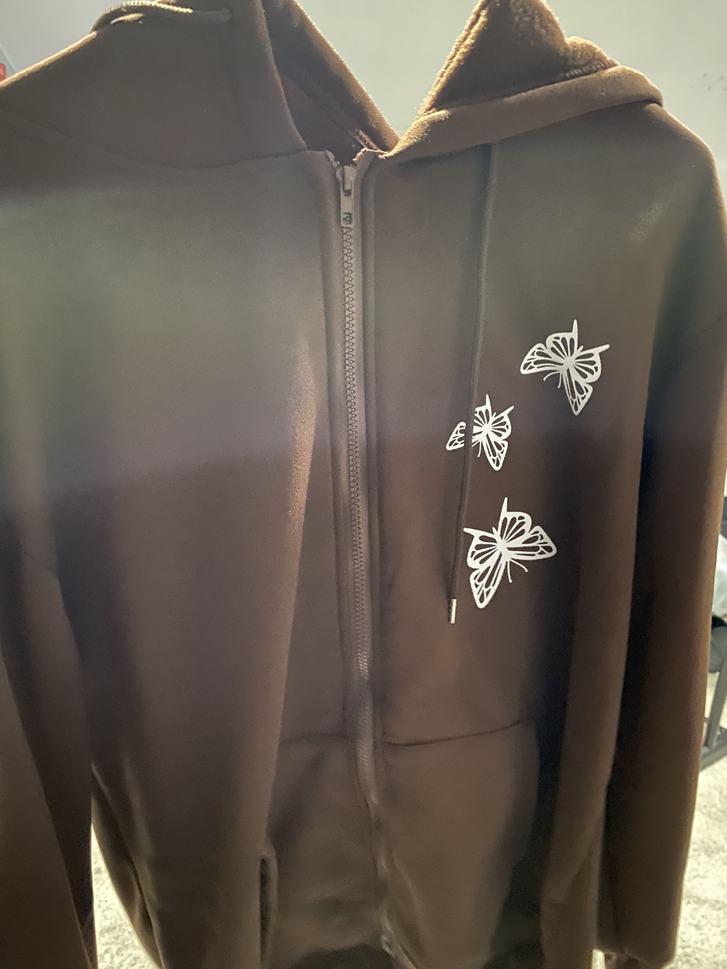 brown with white butterfly zip up jacket size M