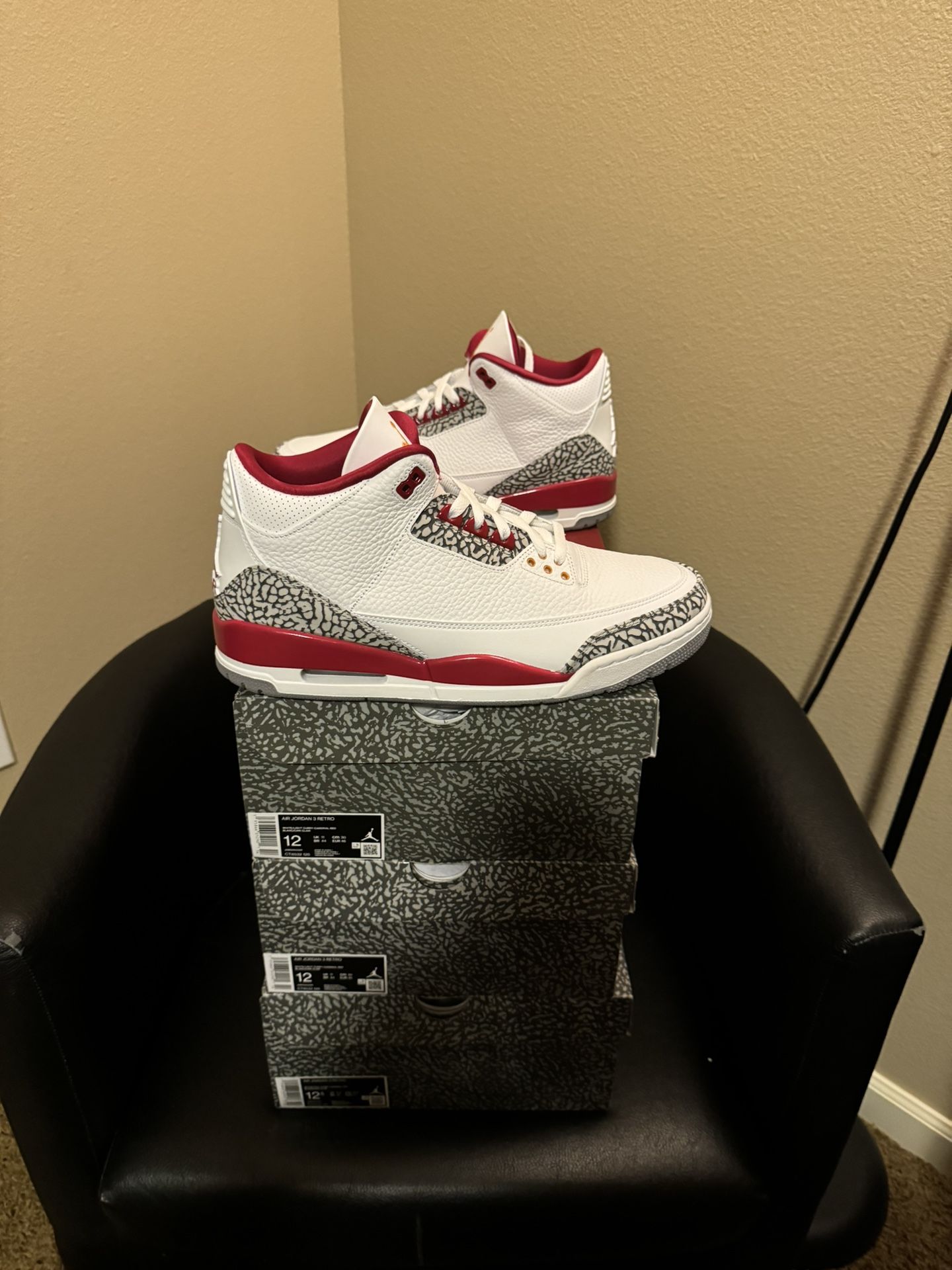 Brand new Air Jordan Cardinal 3’s sizes 12x2 & 12.5 with original box and proof of purchase.