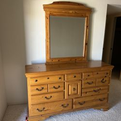 10 Drawer Pine Dresser W/ Attached Mirror