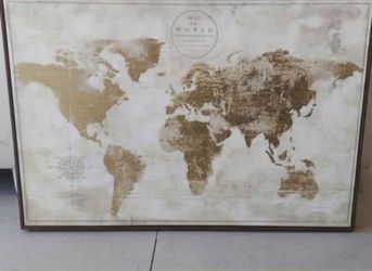 Framed World Map Wall Art - Vintage Gold & Cream Travel Decor