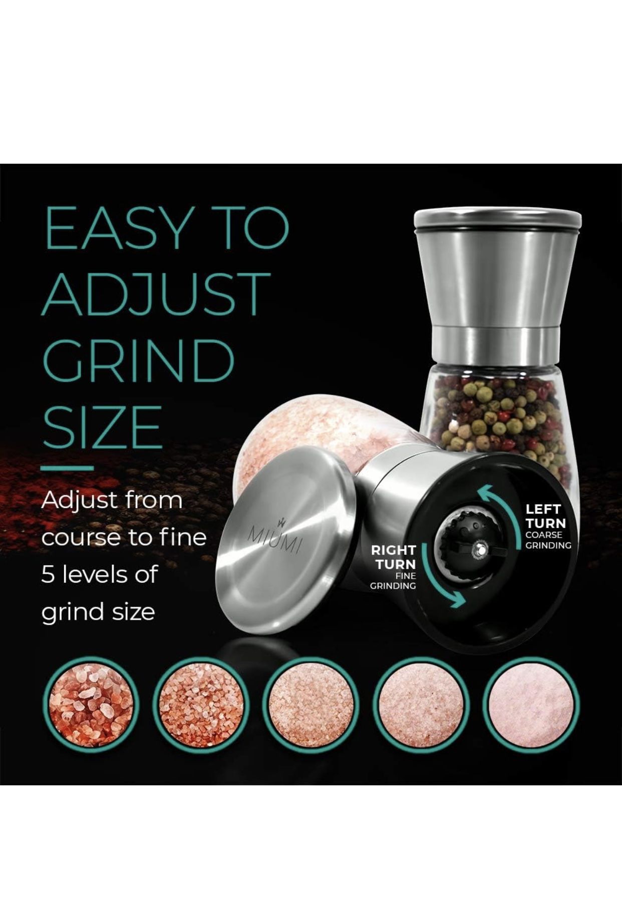 Stainless Steel Salt & Pepper Grinder SetAdjustable Coarseness With Wooden Spoon & Cleaning