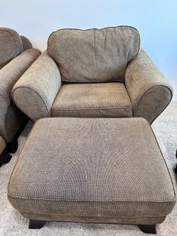 Pair of Tan Chenille Armchairs with Ottomans