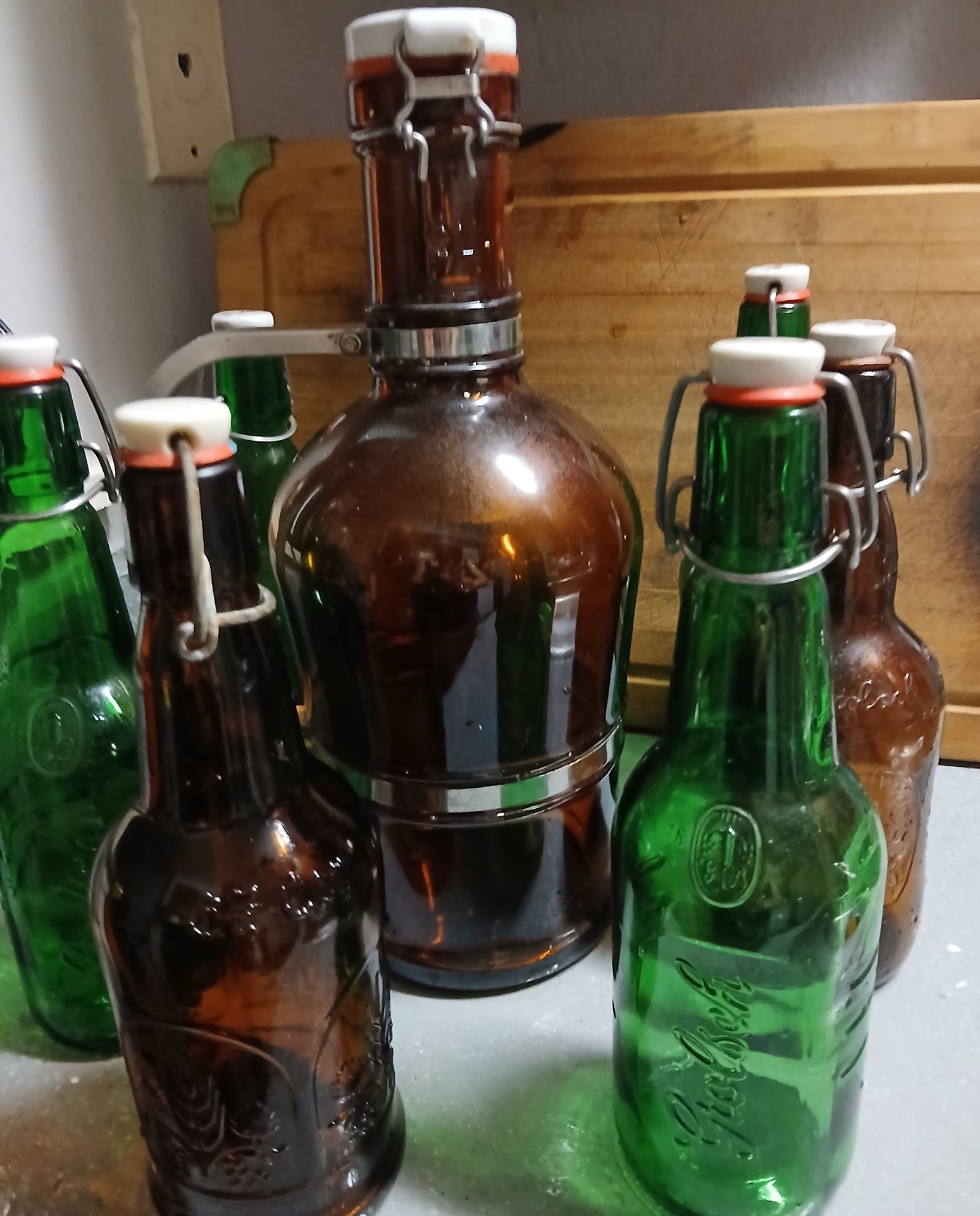 vintage Grolsch beer bottles with characteristic swing-top porcelain caps