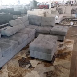 Gray Cupholder Sectional With Storage Ottoman ( Ask For Jose)