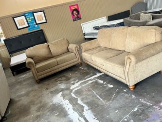 Tan Fabric Sofa and Loveseat Set