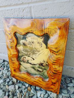 Vintage 70s - 80s White Tiger Wall Art Plaque W Laminated Resin Wood Picture Frame