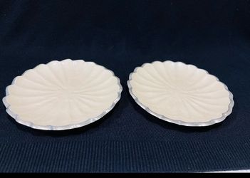 Julia Knight Hand Finished Set of 2 Mother of Pearl Enamell on Aluminium Plates . Beautiful Handmade scalloped plates sand-cast aluminium and mother o