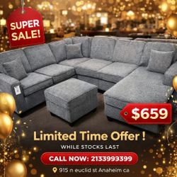 Gray chenille sectional sofa with ottoman and Usb ports  89"W X 116"D  X 36" H