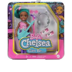 NEW Barbie Chelsea Can Be Playset with Blue Haired Chelsea Rockstar Doll Guitar, Microphone, Headphones, 2 VIP Tickets, and Star-shaped Glasses.  Reta