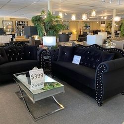Brand New Black Velvet Modern Sofa + Loveseat 2PCs Set