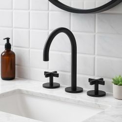 Matte Black Bathroom Faucet, Indare 8-Inch Brass Widespread Faucet For Bathroom Sink 3 Holes With Pop-Up Drain Assembly And Supply Lines Preassembled,