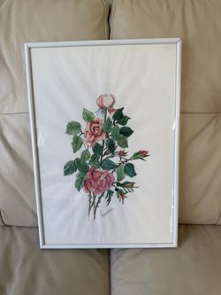 Original Haomi Signed Rose Watercolor Ink Painting Elegant Framed Floral Art 17 to 12 inch’s