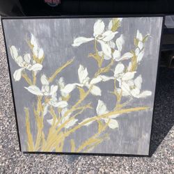 Large Black Framed Painting Artwork Gray With Some Yellow & White 