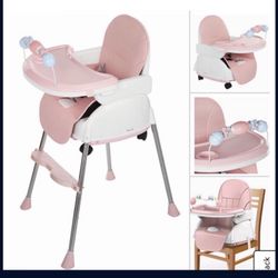 3-In-1 Foldable Baby High Chair, Safe Feeding Highchair Adjustable Height Roller Chair Playing Toy, Pink