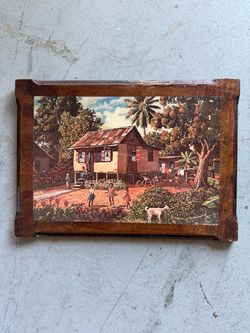 Vintage Tropical Village Scene Wood Plaque