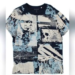 Vintage Guess Graphic Tee – Men’s Size M | Blue & Beige