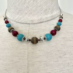 Turquoise Wood Bead Silver Necklace 