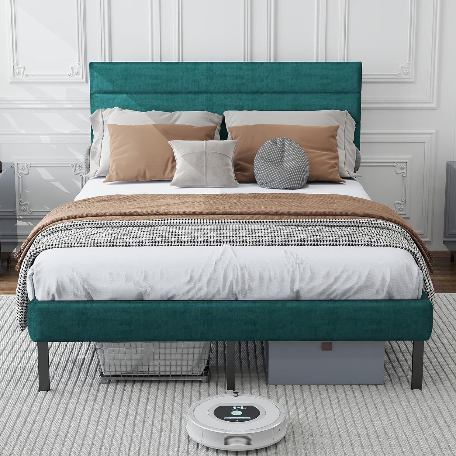 Queen Bed Frame with Velvet Upholstered Headboard, Metal Platform Bed Frame ,Dark Green