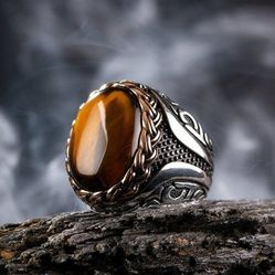 Men's Oval Brown Tiger Eye Silver Domineering Ring - Size 10