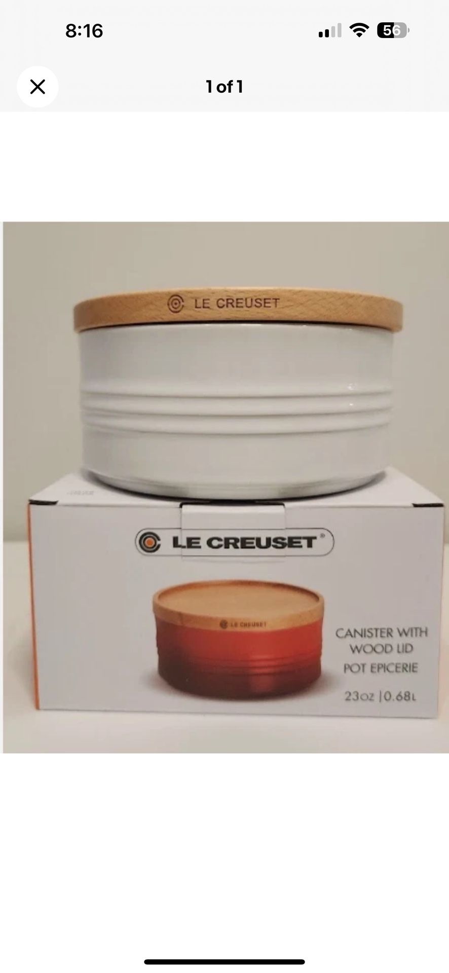 Le Creuset 23 oz White Canister with Wooden Lid Stackable Stoneware Storage NIB