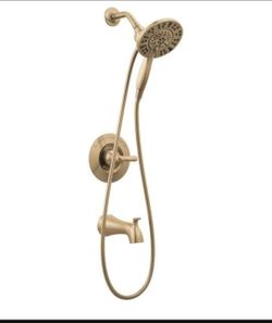 Used Like New Delta Arvo 14 Series Brushed Gold Shower Faucet Set 2-in-1 Dual Shower Head Handheld Spray Combo Champagne Retails $283